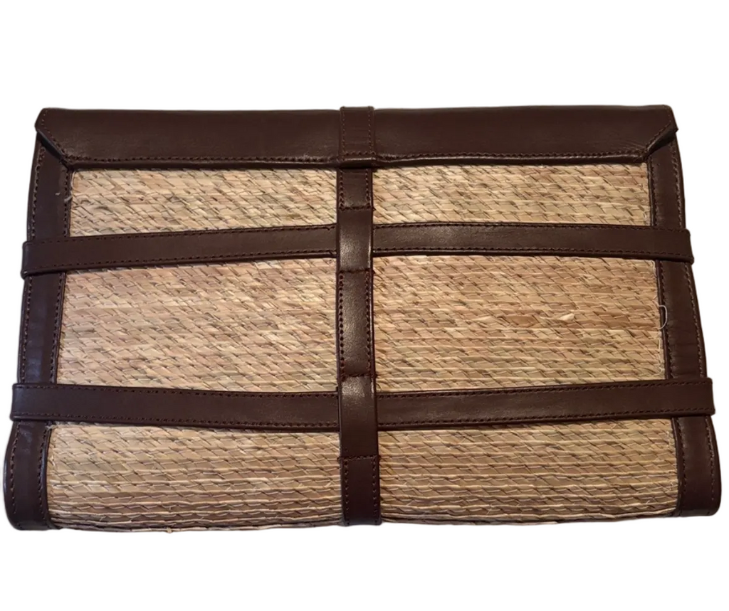 Altuzarra Watermill Raffia Envelope Clutch Leather Trim Straw Designer Clutch