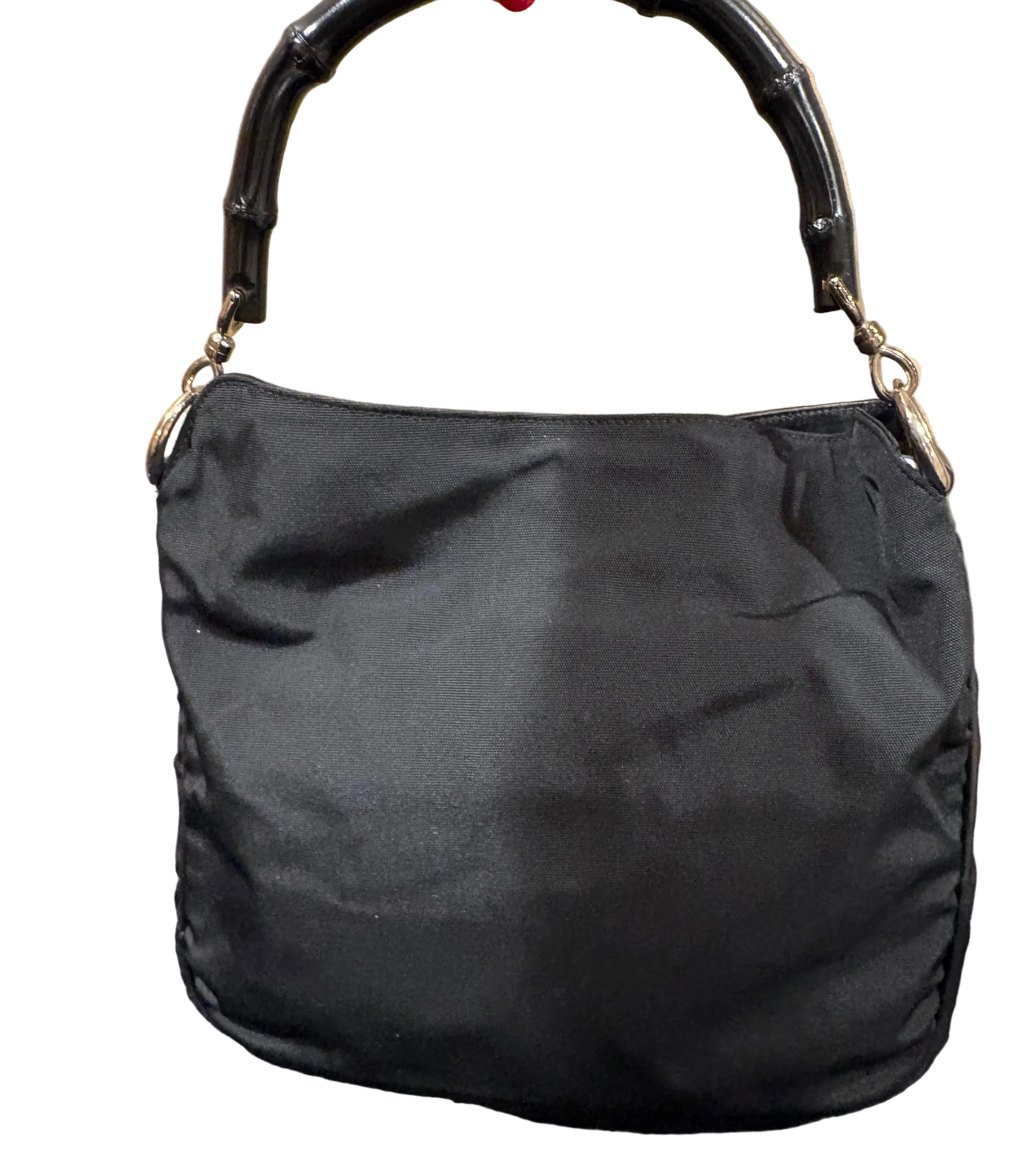 Gucci Bamboo Handle Nylon Hobo Bag Black GG Canvas Vintage Shoulder Bag