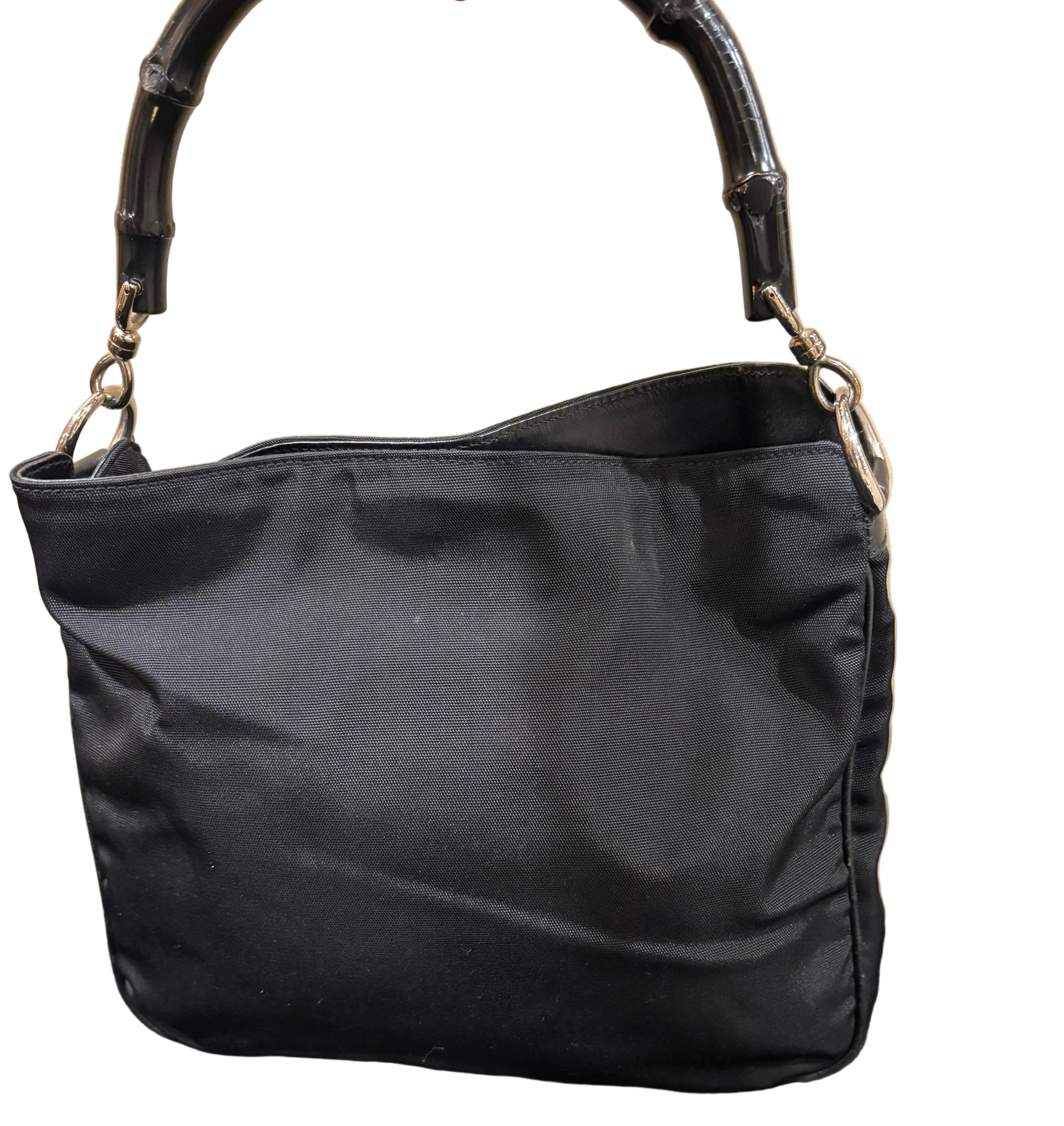 Gucci Bamboo Handle Nylon Hobo Bag Black GG Canvas Vintage Shoulder Bag