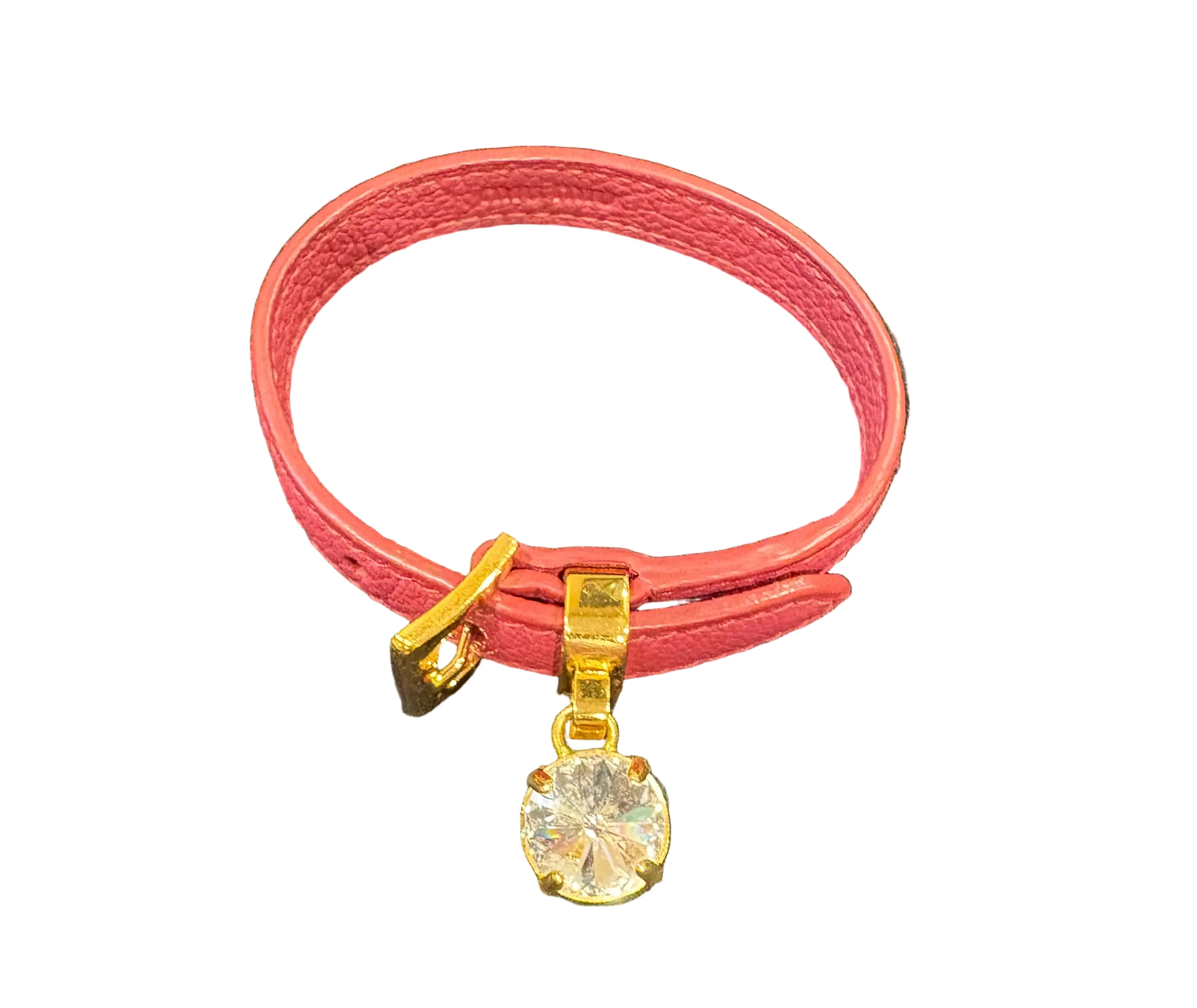 Miu Miu Crystal Charm Leather Bracelet – Pink Madras Leather Gold Tone