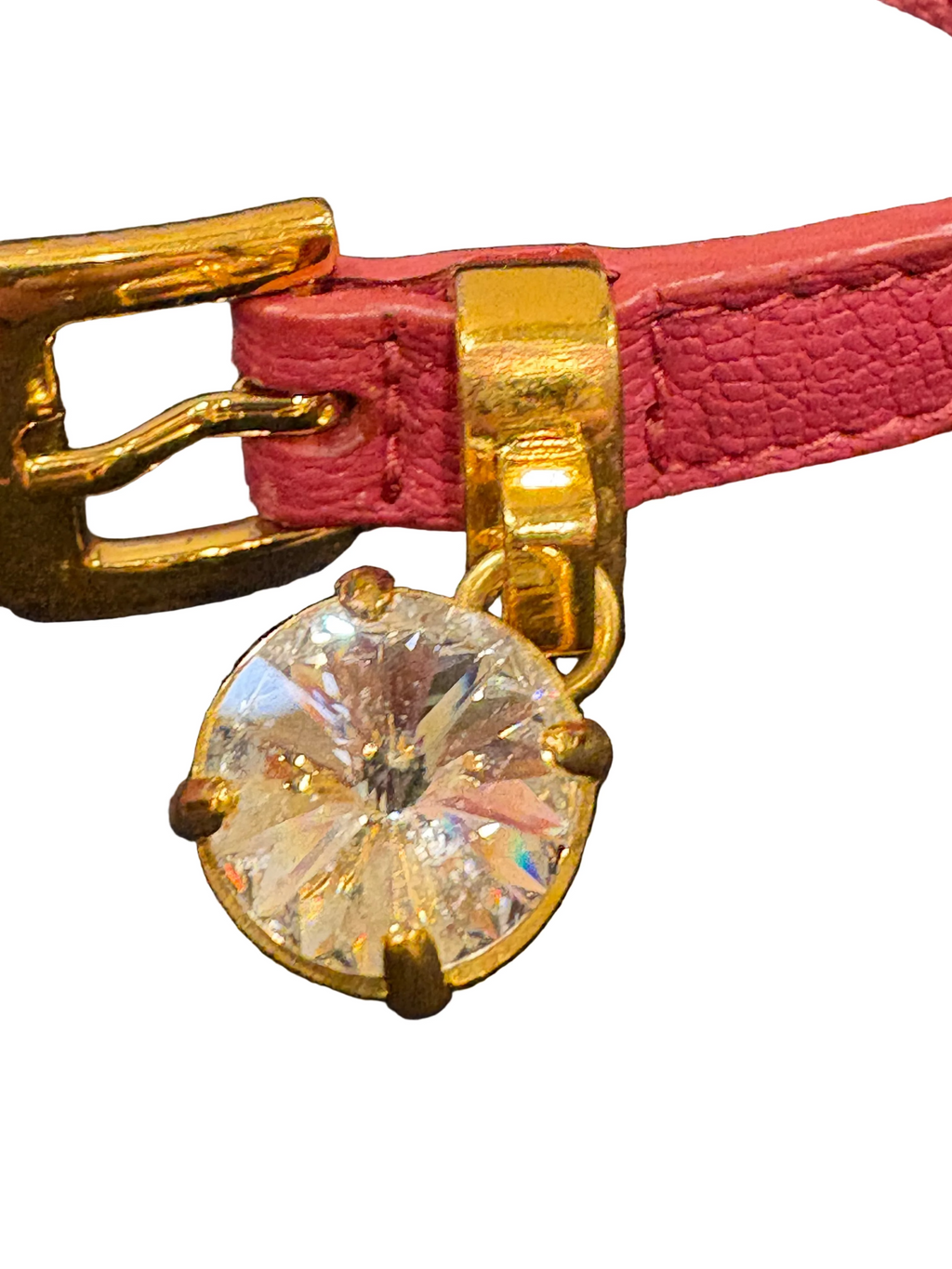 Miu Miu Crystal Charm Leather Bracelet – Pink Madras Leather Gold Tone