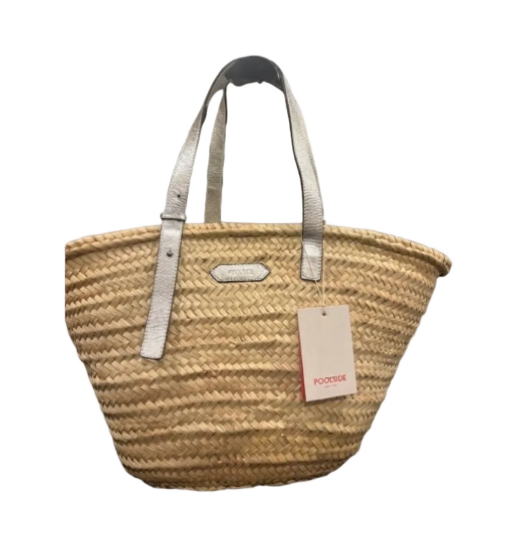 Poolside New York Woven Straw Tote Silver Leather Handles New