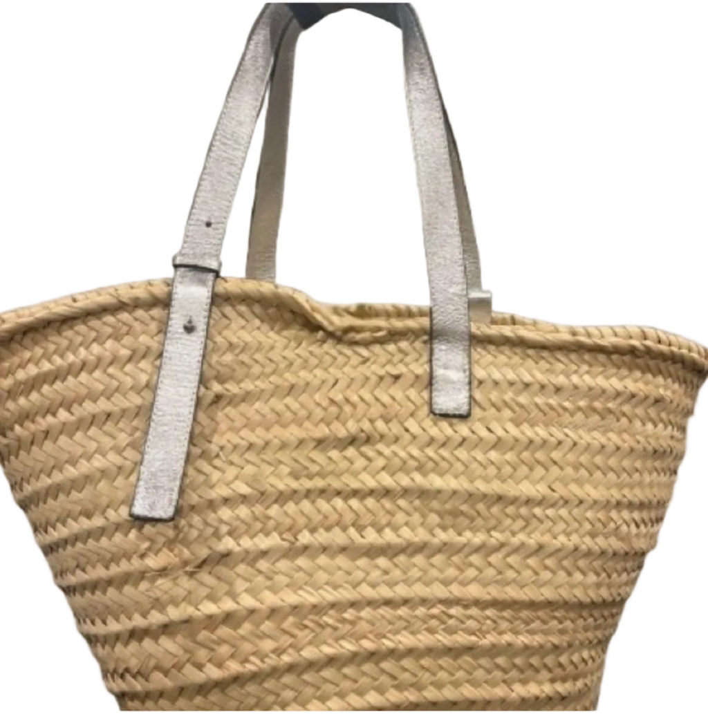 Poolside New York Woven Straw Tote Silver Leather Handles New
