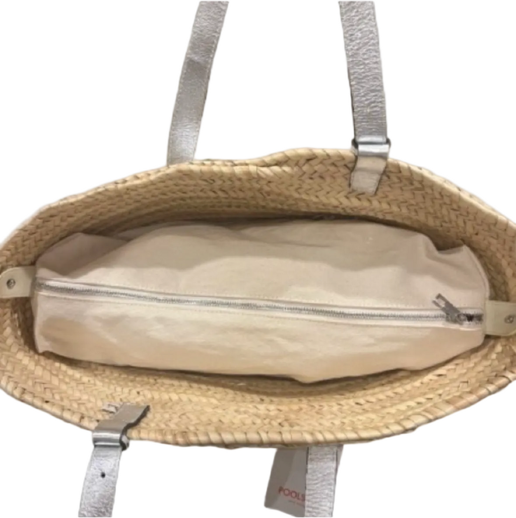 Poolside New York Woven Straw Tote Silver Leather Handles New