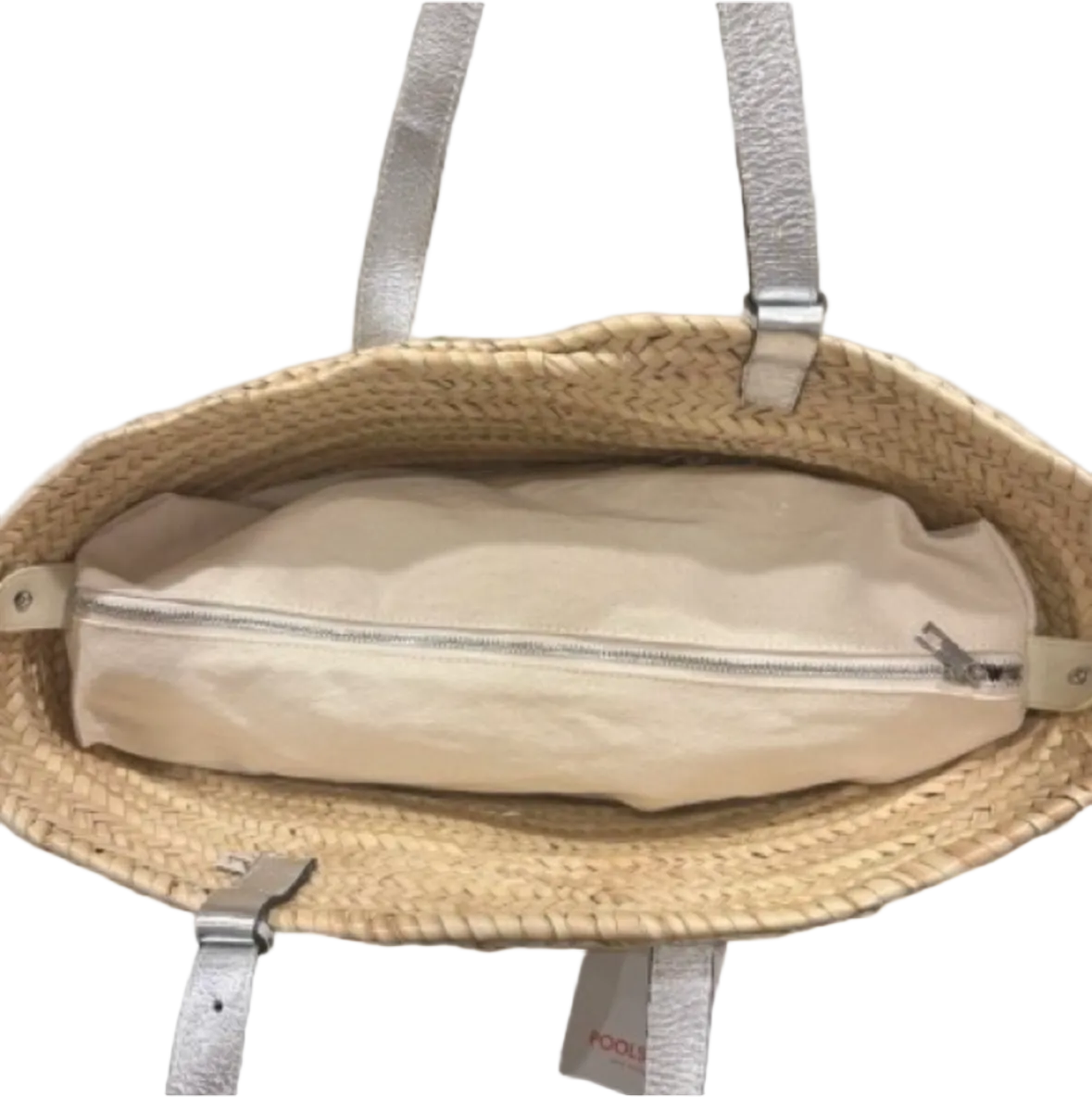 Poolside New York Woven Straw Tote Silver Leather Handles New