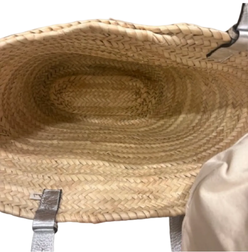 Poolside New York Woven Straw Tote Silver Leather Handles New