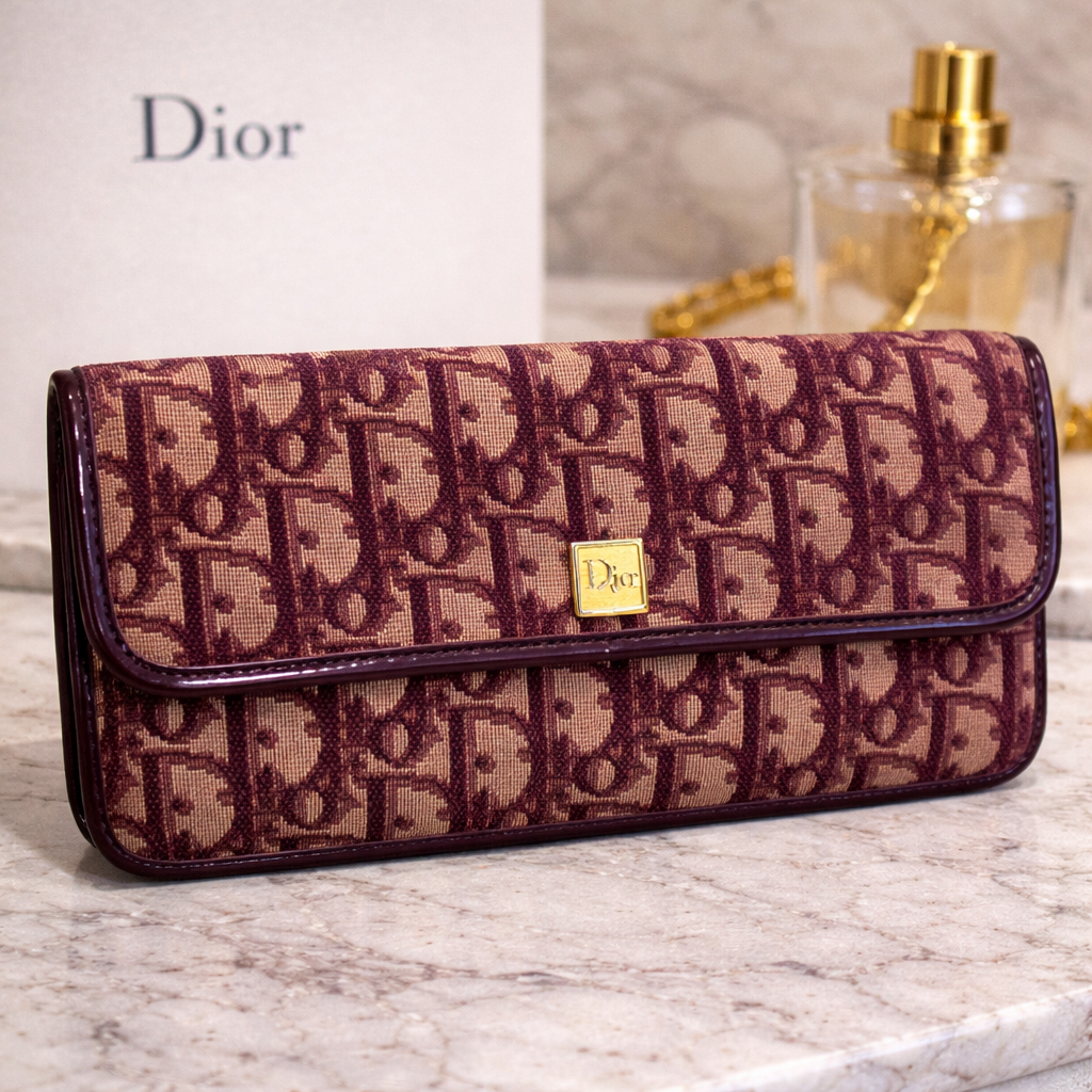 Vintage Dior Oblique Wallet – Burgundy Monogram Canvas & Leather