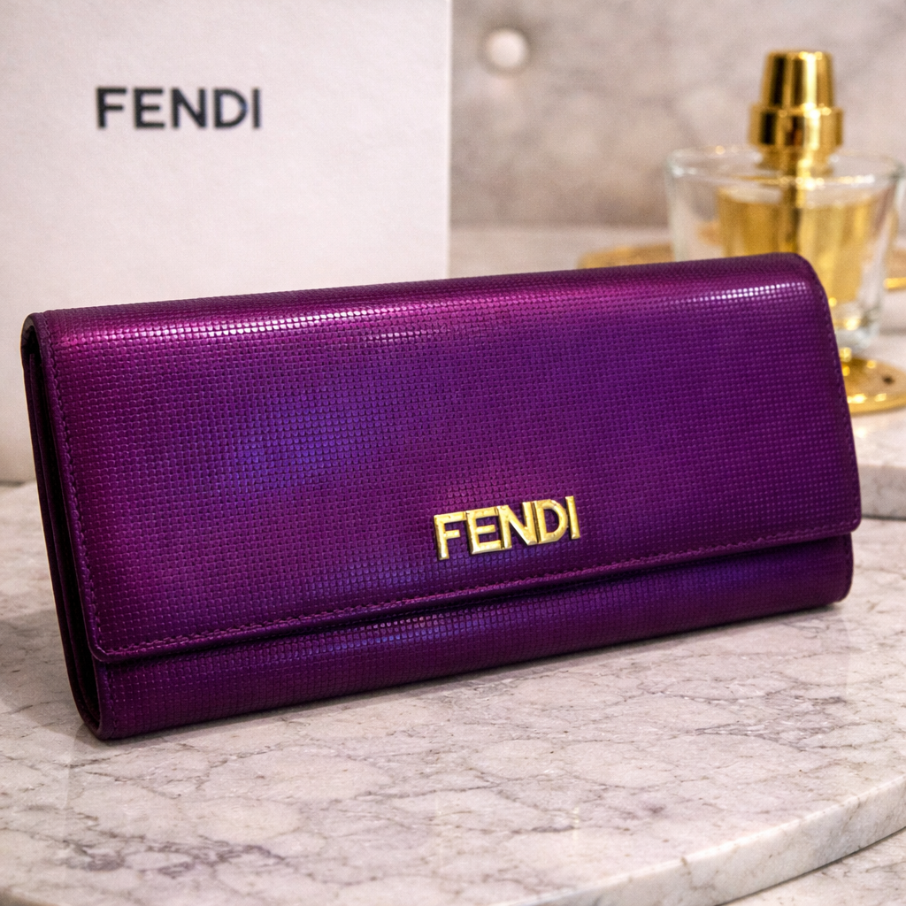 Fendi Purple Shimmer Leather Continental Wallet with Gold Logo – Made in Italy