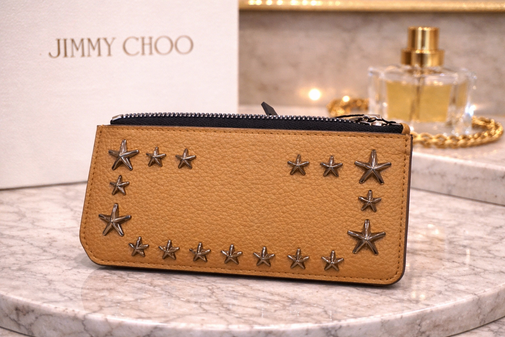 Jimmy Choo Star-Studded Leather Zip Cardholder / Slim Wallet