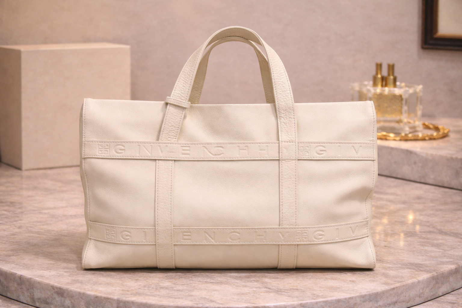 Givenchy Vintage Leather Logo Tote Bag – Cream / Ivory Embossed 4G
