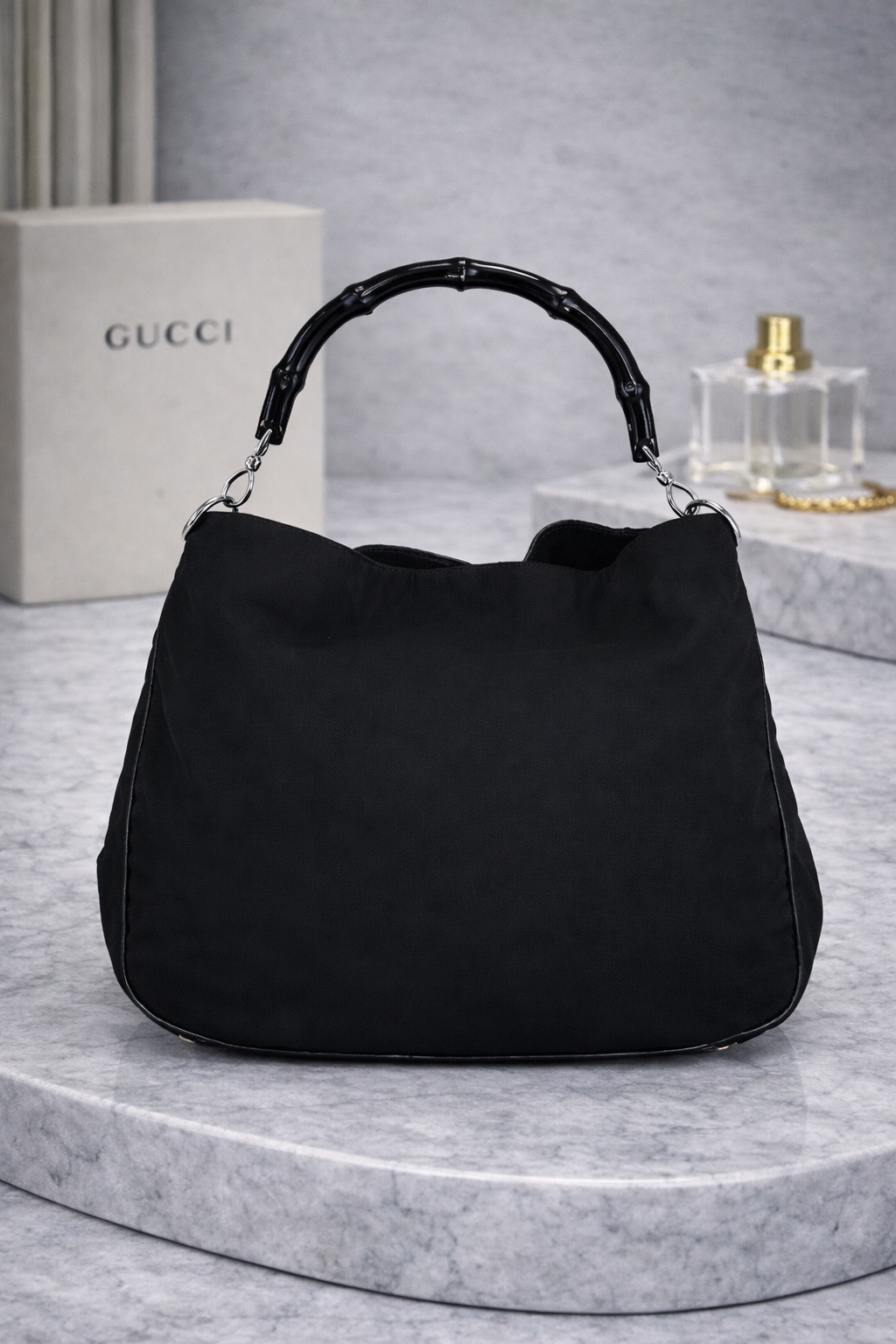 Gucci Bamboo Handle Nylon Hobo Bag Black GG Canvas Vintage Shoulder Bag