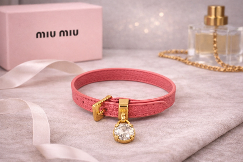 Miu Miu Crystal Charm Leather Bracelet – Pink Madras Leather Gold Tone