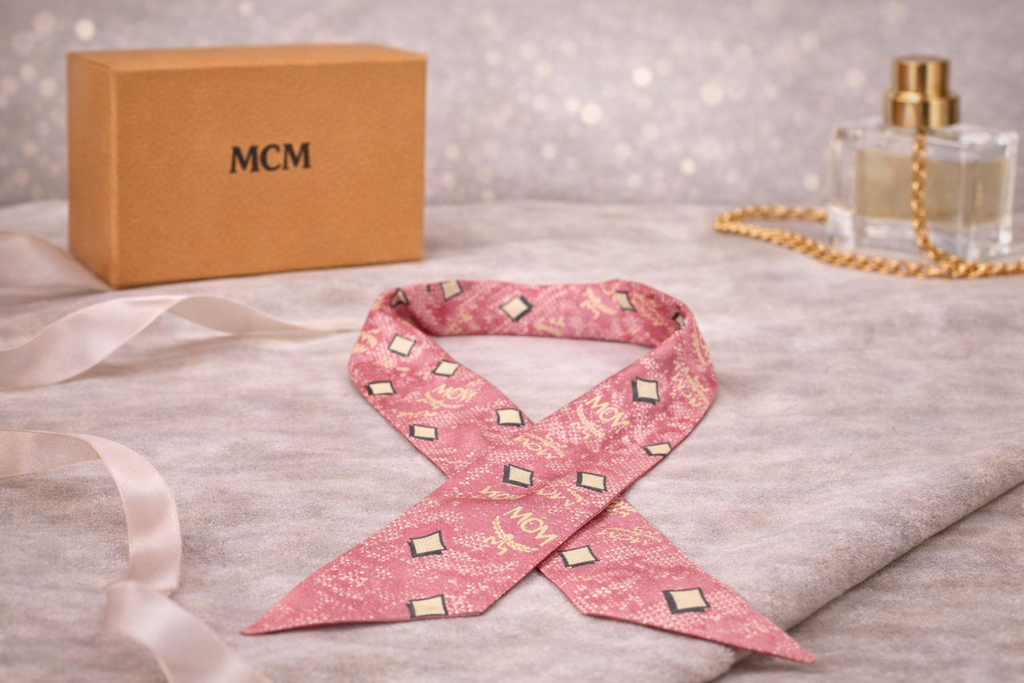 MCM Vintage Monogram Silk Twilly Scarf – Sugar Pink