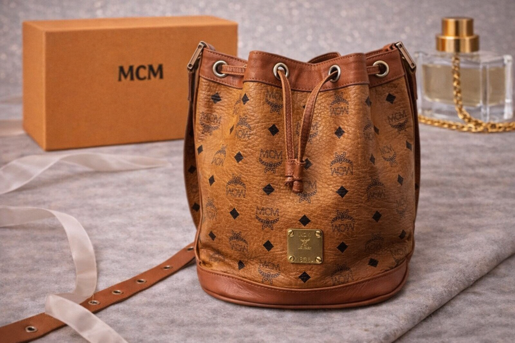 MCM Visetos Cognac Drawstring Bucket Bag (Germany)