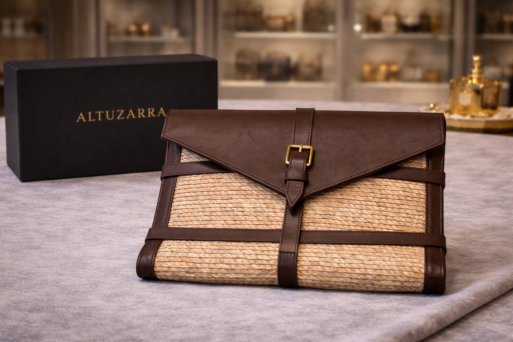 Altuzarra Watermill Raffia Envelope Clutch Leather Trim Straw Designer Clutch