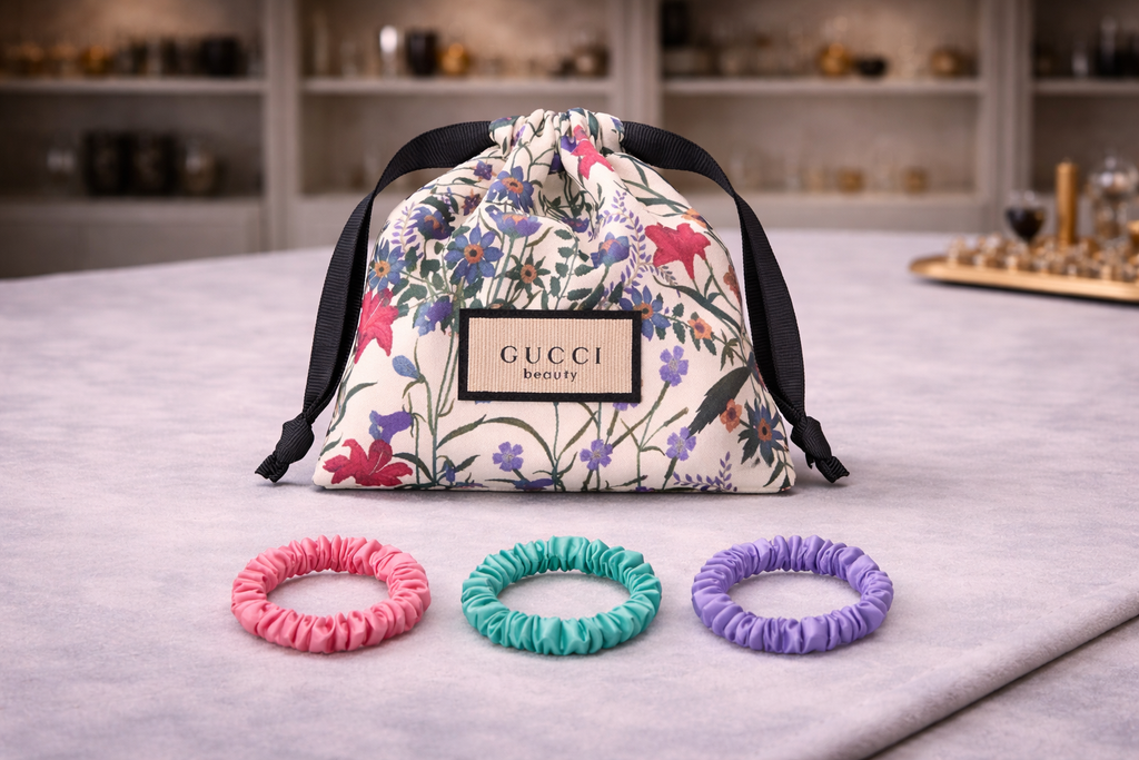 Gucci Beauty Satin Scrunchie Set + Floral Pouch