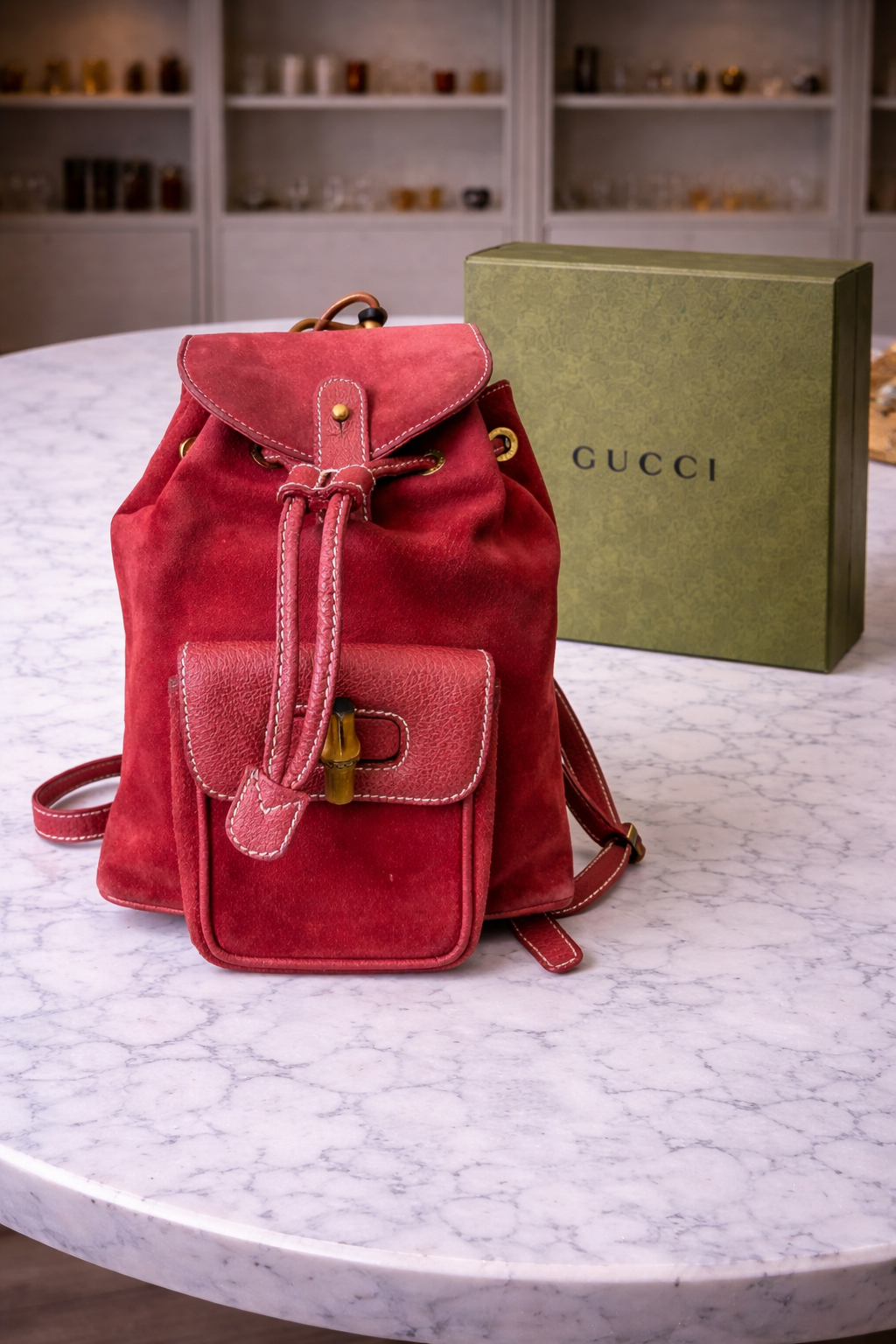 Gucci Red Suede Bamboo Mini Backpack
