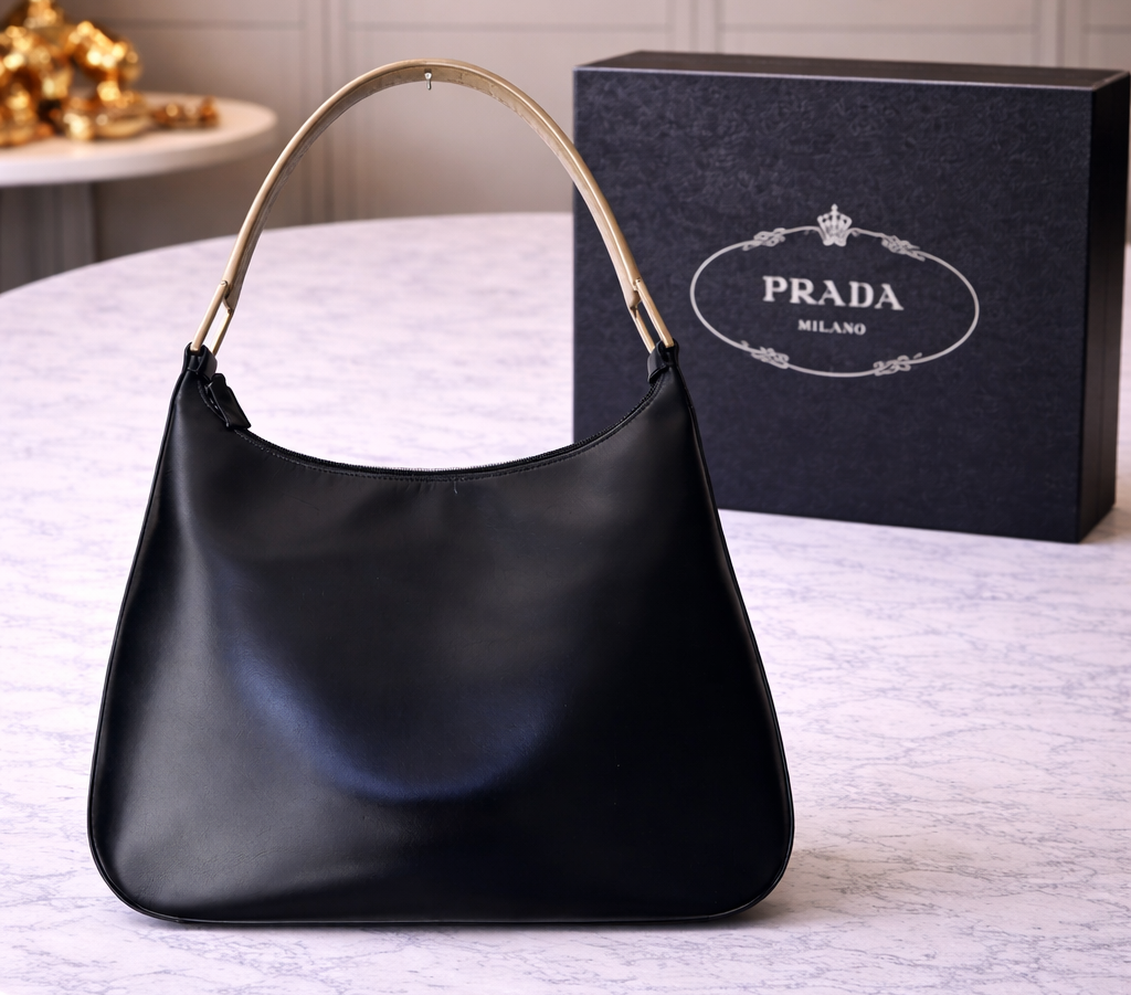 Prada FW 1998 Archival Metal Handle Hobo Bag - Black Leather