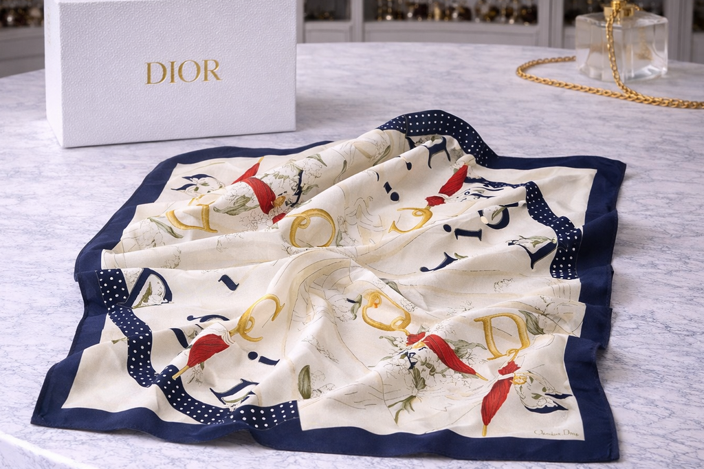 Christian Dior Printed Scarf – Navy, Ivory & Red