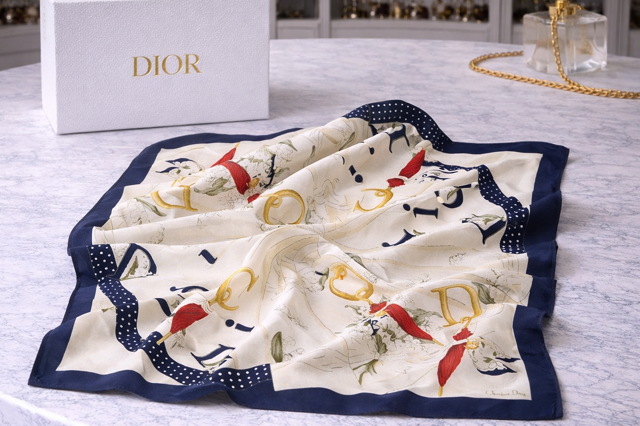Christian Dior Printed Scarf – Navy, Ivory & Red