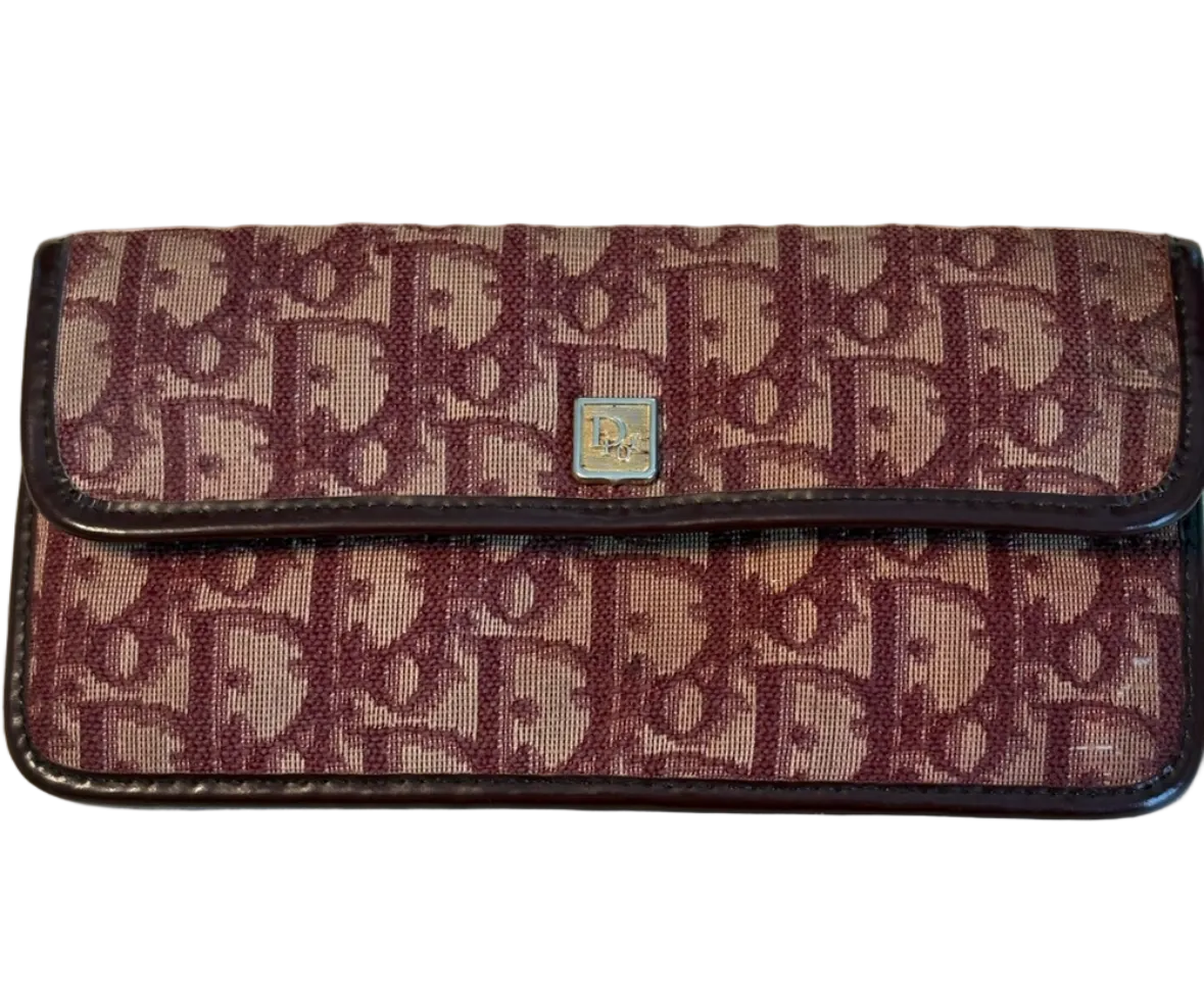 Vintage Dior Oblique Wallet – Burgundy Monogram Canvas & Leather