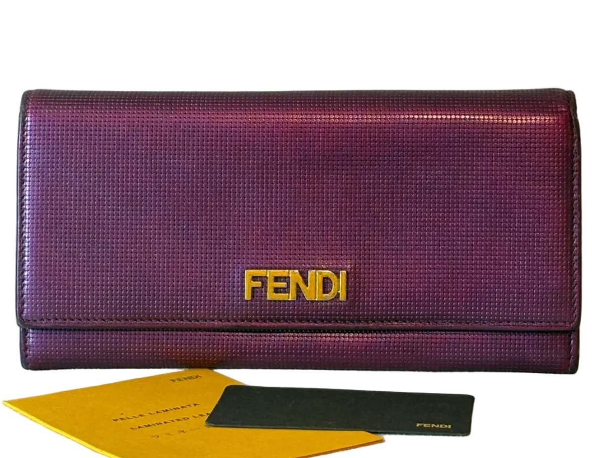 Fendi Purple Shimmer Leather Continental Wallet with Gold Logo – Made in Italy