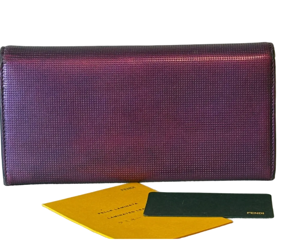Fendi Purple Shimmer Leather Continental Wallet with Gold Logo – Made in Italy