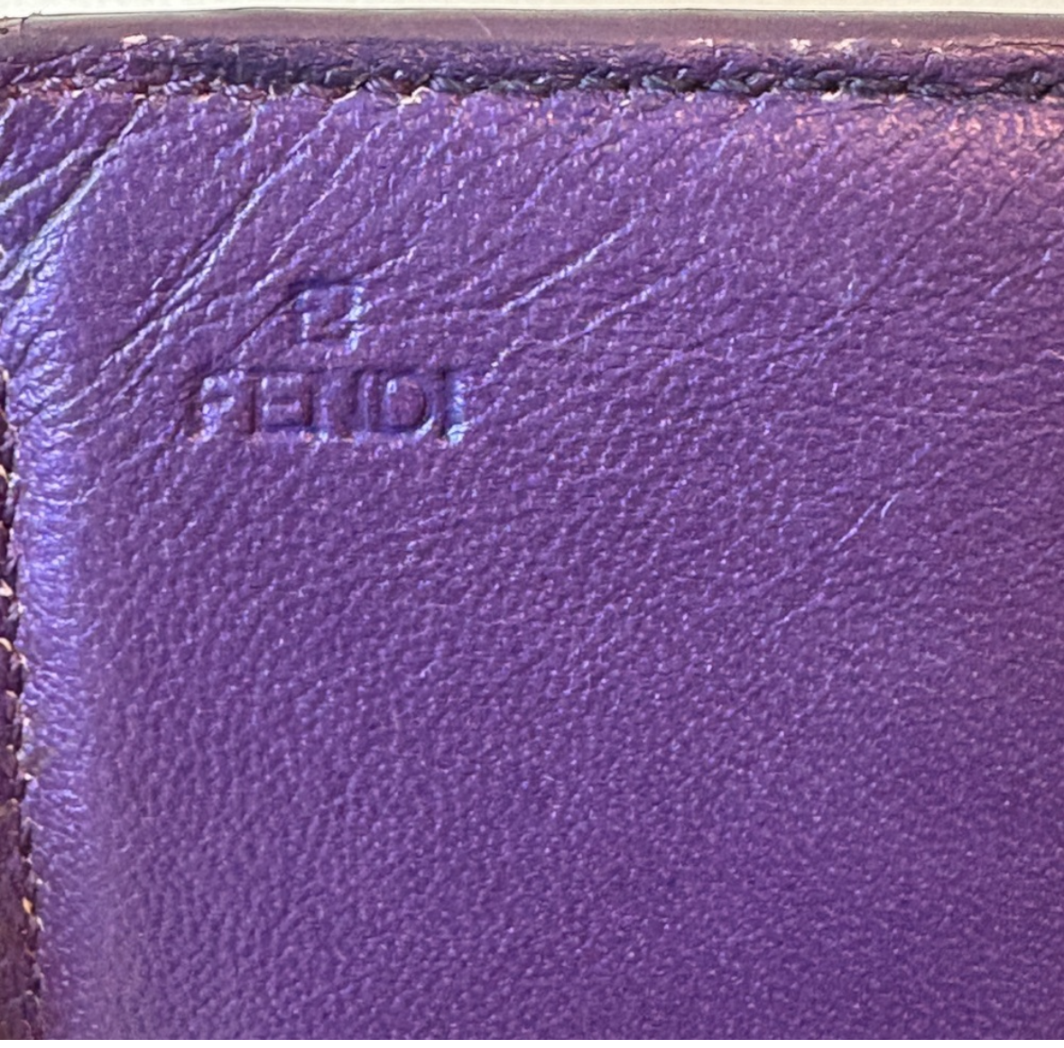 Fendi Purple Shimmer Leather Continental Wallet with Gold Logo – Made in Italy