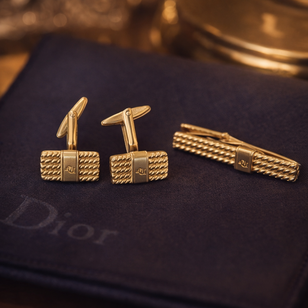Vintage Christian Dior Gold-Tone Cufflinks & Tie Bar Set with Original Dior Pouch