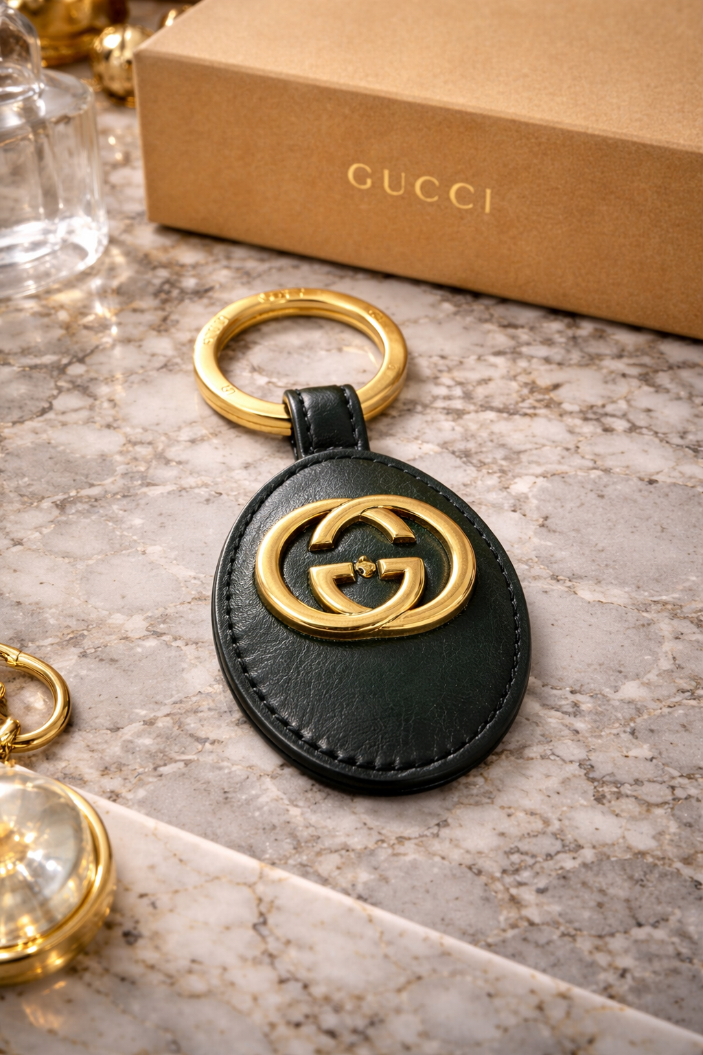 Gucci Interlocking GG Leather Keychain – Green & Gold | Made in Italy