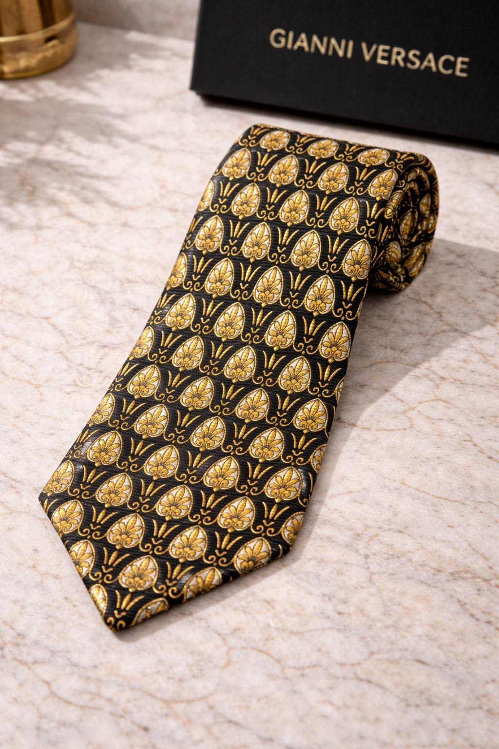Gianni Versace Silk Tie – Black & Gold Baroque Print