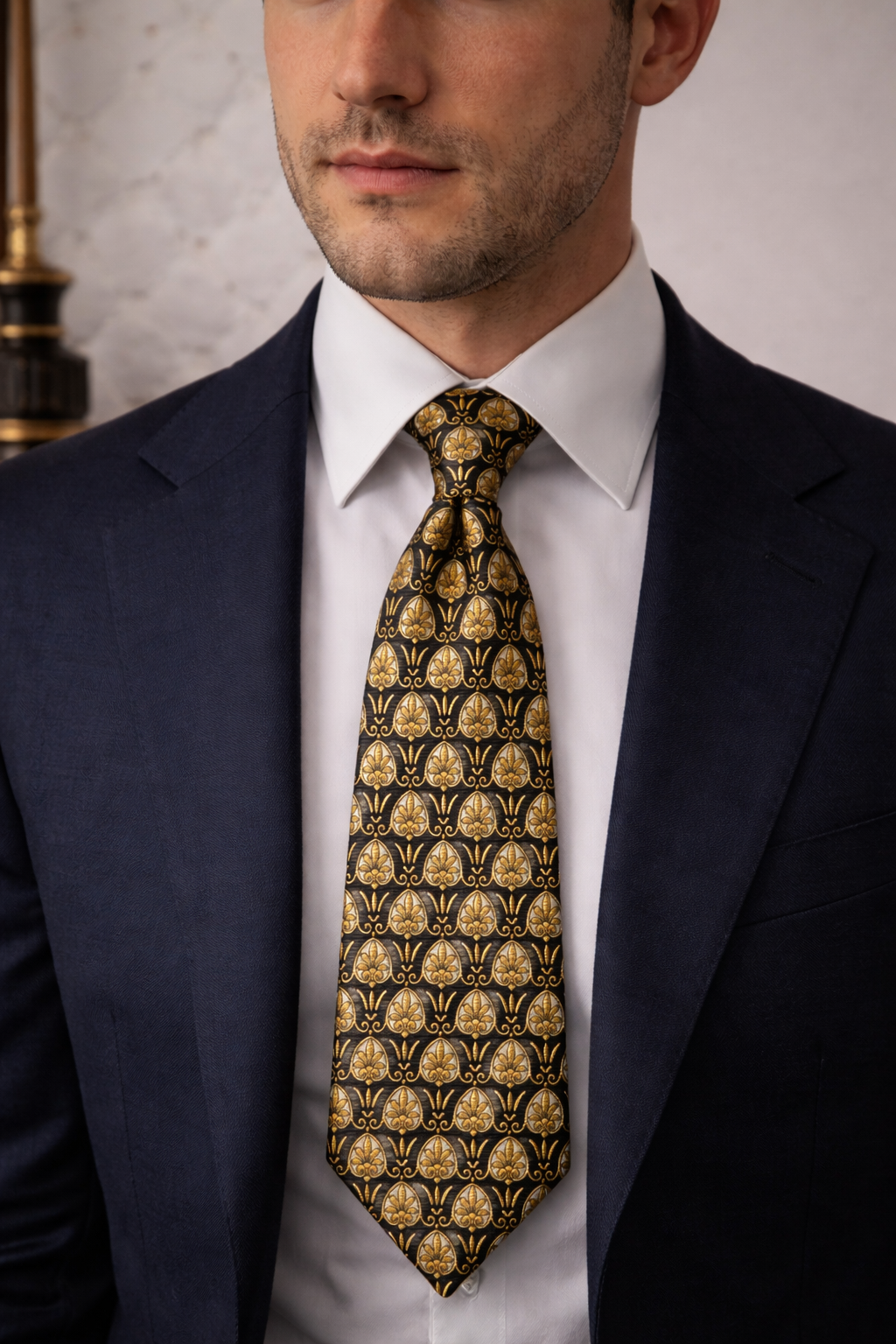 Gianni Versace Silk Tie – Black & Gold Baroque Print