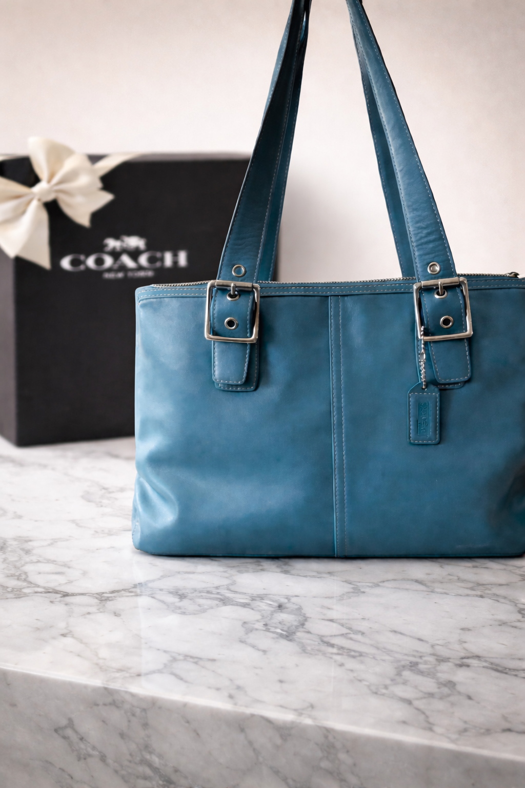Vintage Coach Hampton Carryall Tote – Glacier Blue Leather (Style 9554)