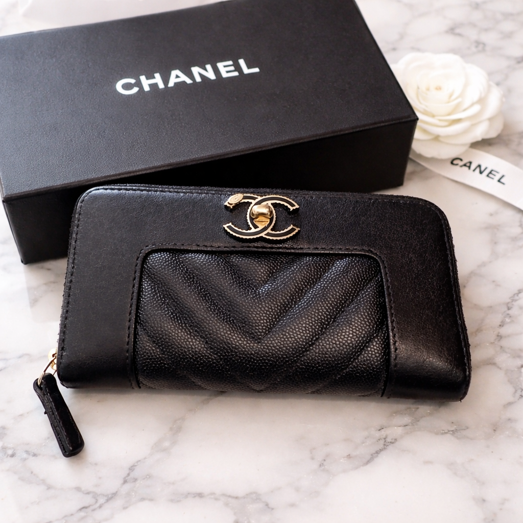 Chanel Chevron Caviar Leather Zip Wallet – Black with CC Turn-Lock