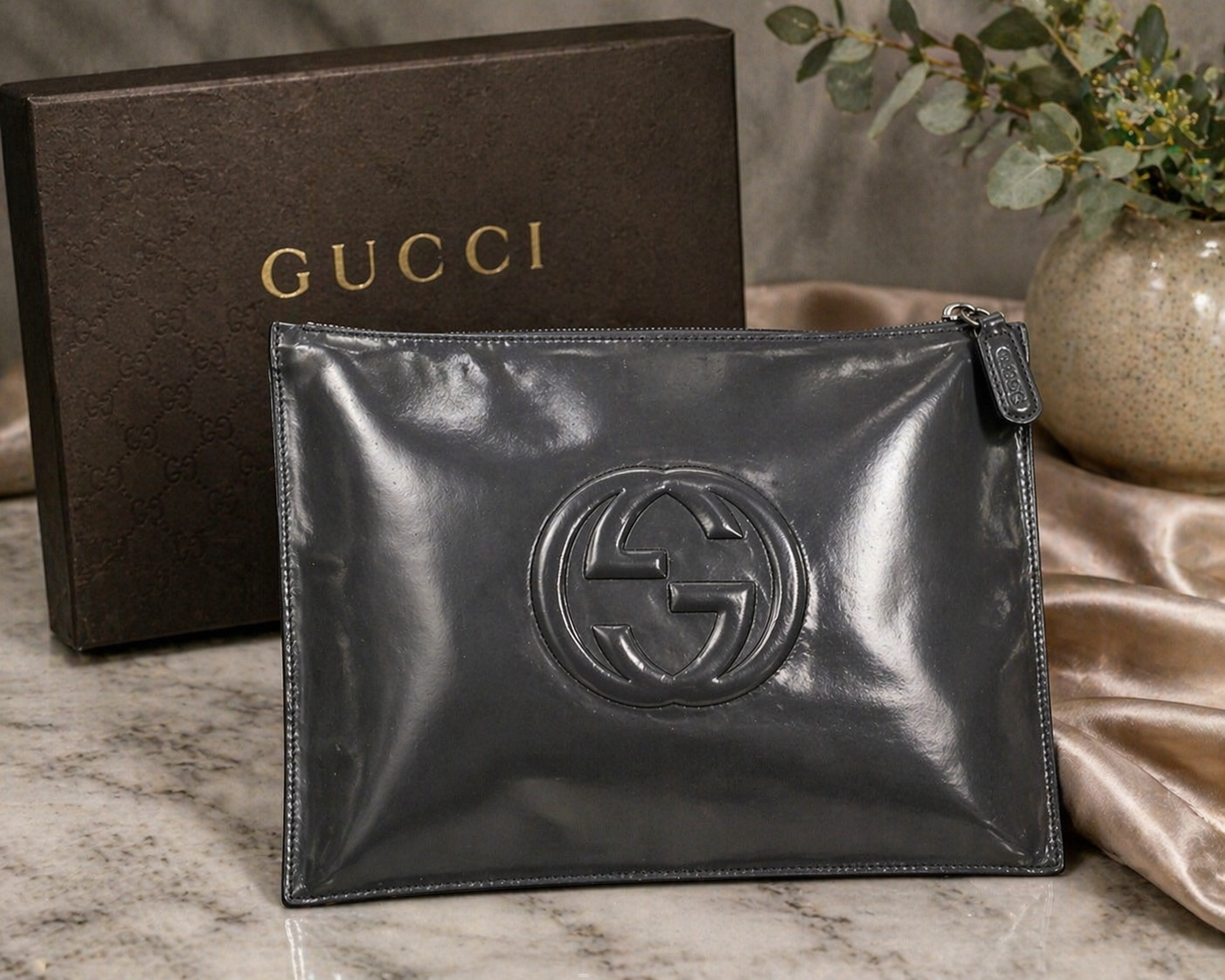 Gucci Vintage Patent Leather GG Logo Clutch / Portfolio