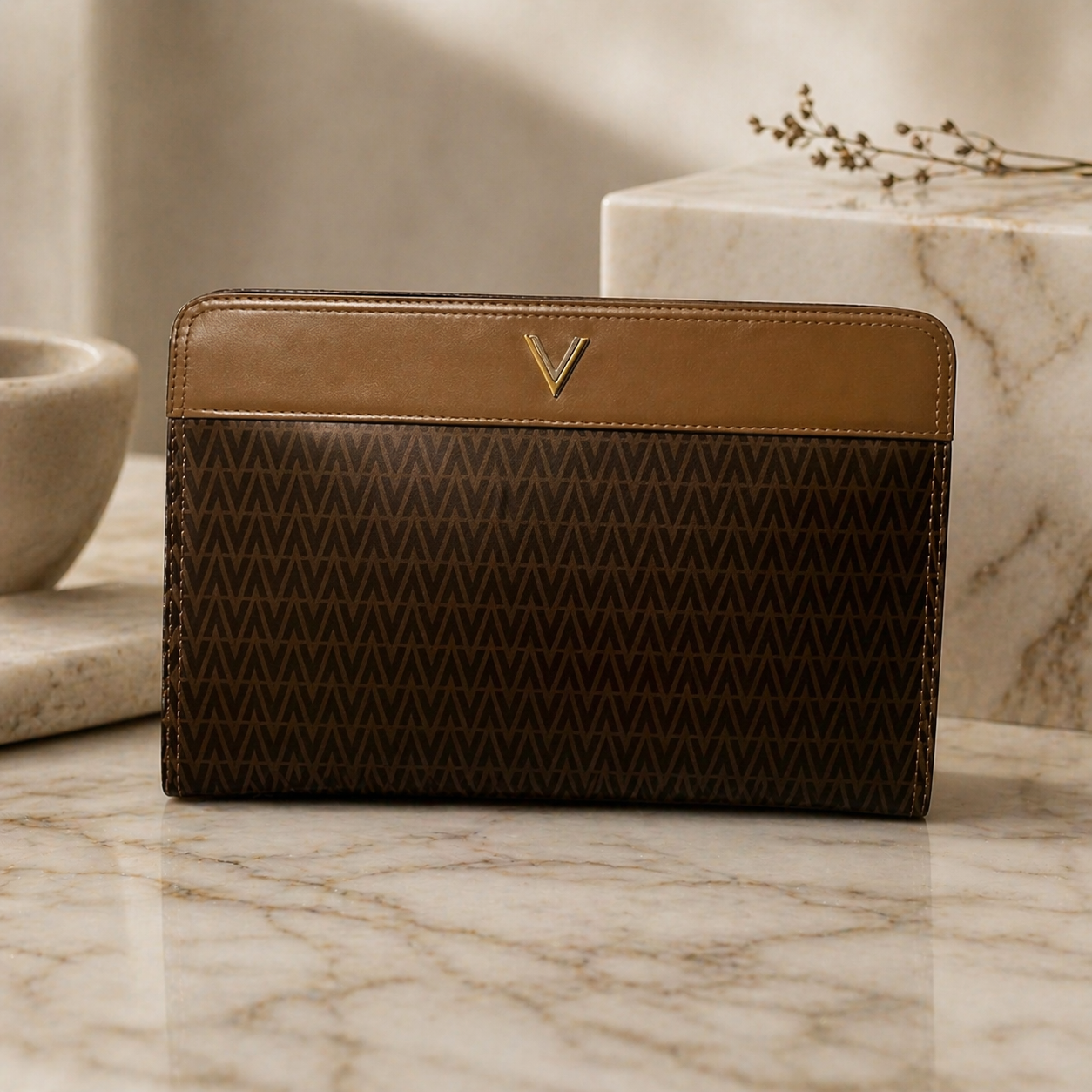 Valentino Vintage Monogram Clutch Bag Brown V Logo Canvas