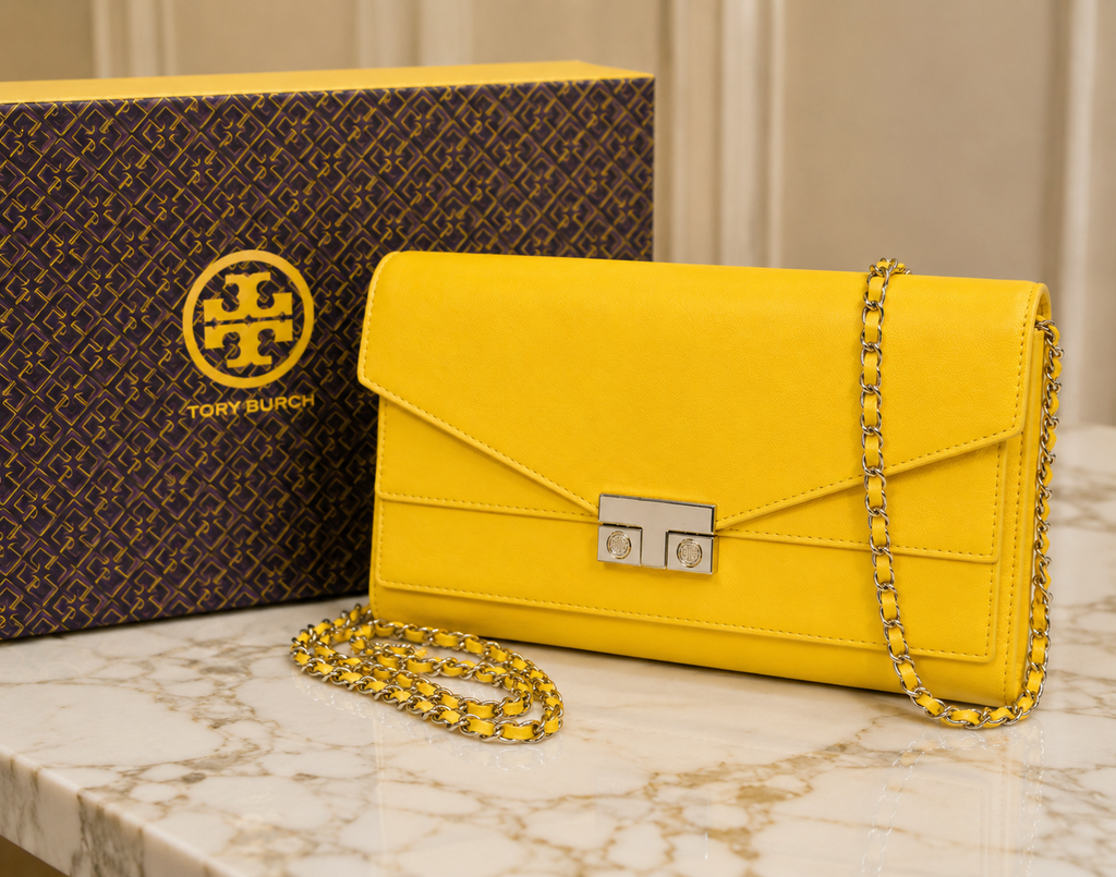 Tory Burch Yellow Saffiano Leather T-Lock Clutch/Crossbody