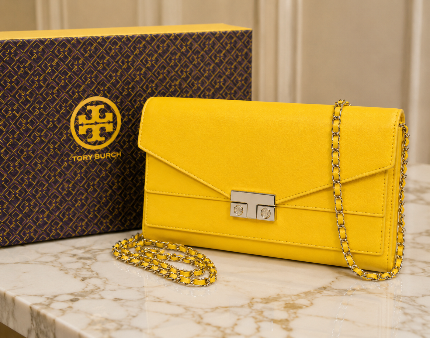 Tory Burch Yellow Saffiano Leather T-Lock Clutch/Crossbody