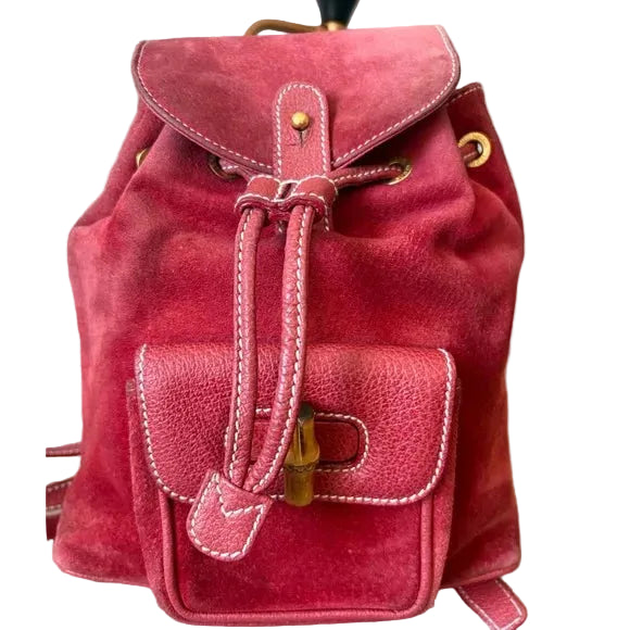 Gucci Red Suede Bamboo Mini Backpack